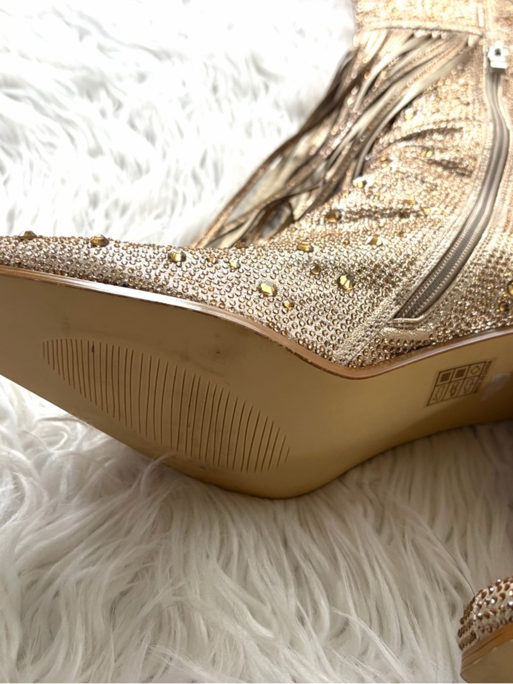 Gold Rhinestone Fringe Knee-High Heeled Boots Size 9 - Picture 5 of 9